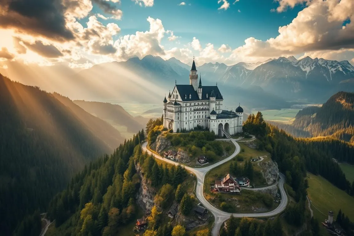 A breathtaking aerial view of Schloss Neuschwanstein, nestled in the picturesque Bavarian Alps. The imposing castle, perched atop a rugged clifftop, is framed by lush green forests and snow-capped peaks. The winding road leading up to the castle winds through a serene valley, dotted with quaint houses and lush meadows. Warm, golden sunlight filters through the clouds, casting a soft, romantic glow over the scene. The overall atmosphere evokes a sense of fairytale wonder and historic grandeur, perfectly capturing the essence of the “Märchenschloss” (fairy-tale castle).