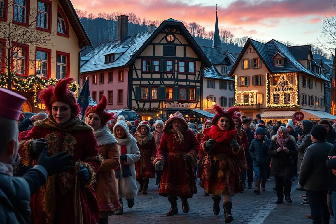 A bustling street scene on a winter’s eve, the air crisp and the sky aglow with the warm hues of dusk. In the foreground, a lively procession of figures in elaborate costumes and masks, their movements animated and energetic, enacting the ancient Klausentreiben tradition. In the middle ground, crowds of onlookers, bundled against the cold, their faces alight with wonder and excitement. In the background, the historic buildings of a quaint alpine town, their facades adorned with twinkling lights, setting the stage for this captivating seasonal spectacle. Capture the spirit of this cherished holiday custom with a cinematic wide-angle lens, the lighting balanced to create a magical, almost fairytale-like atmosphere.