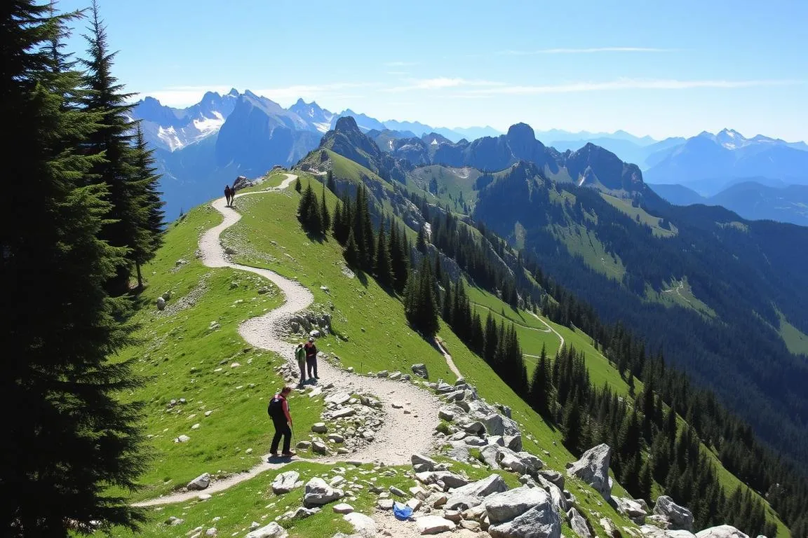 A challenging alpine hike through the picturesque Allgäu mountains, the Besler-Gipfeltour features steep, rocky terrain and exposed ridges. Dramatic, craggy peaks loom in the distance, their snow-capped summits glinting in the clear mountain air. Hikers navigate winding paths that cut through lush, verdant meadows, carefully picking their way over loose scree and jagged boulders. Towering evergreen forests flank the trail, casting deep shadows across the rugged landscape. The trail demands agility, endurance and sure-footedness, presenting a challenging, yet deeply rewarding alpine experience for the experienced adventurer.