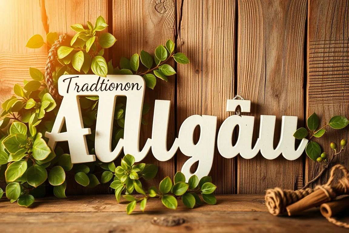 A cozy, inviting scene showcasing a selection of traditional Allgäu words written in a delicate, handwritten font against a rustic, wooden background. The words are arranged artfully, with some partially obscured by lush, vibrant foliage, evoking the region’s natural beauty. Warm, golden lighting filters through the scene, casting a soft, nostalgic glow and highlighting the textural details of the materials. The composition is balanced, with the words taking center stage while the background elements provide a harmonious, complementary setting. An overall sense of authenticity and cultural significance permeates the image, inviting the viewer to explore the unique linguistic heritage of the Allgäu region.