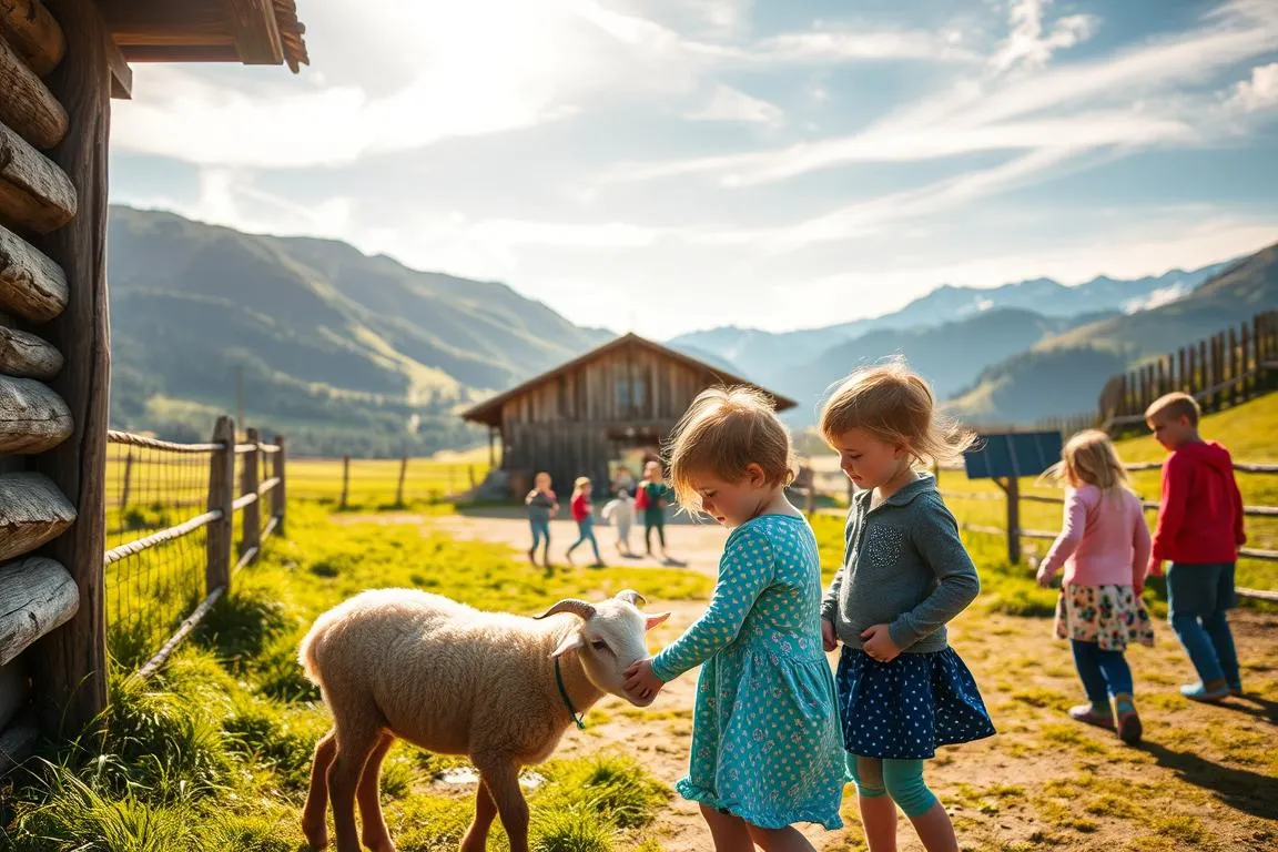 A group of children exploring the Allgäuer Bergbauernmuseum, a rustic outdoor museum that celebrates the traditional way of life of mountain farmers in the Allgäu region. In the foreground, two young kids playfully interact with a gentle farm animal, such as a sheep or goat, while a few others wander curiously through an old wooden barn in the middle ground. In the background, lush green hills and snow-capped peaks frame the idyllic scene, bathed in warm, golden sunlight that filters through wispy clouds. The atmosphere is one of wonder, discovery, and connection with the region’s pastoral heritage, inspiring a sense of awe and appreciation for the simple joys of rural life.