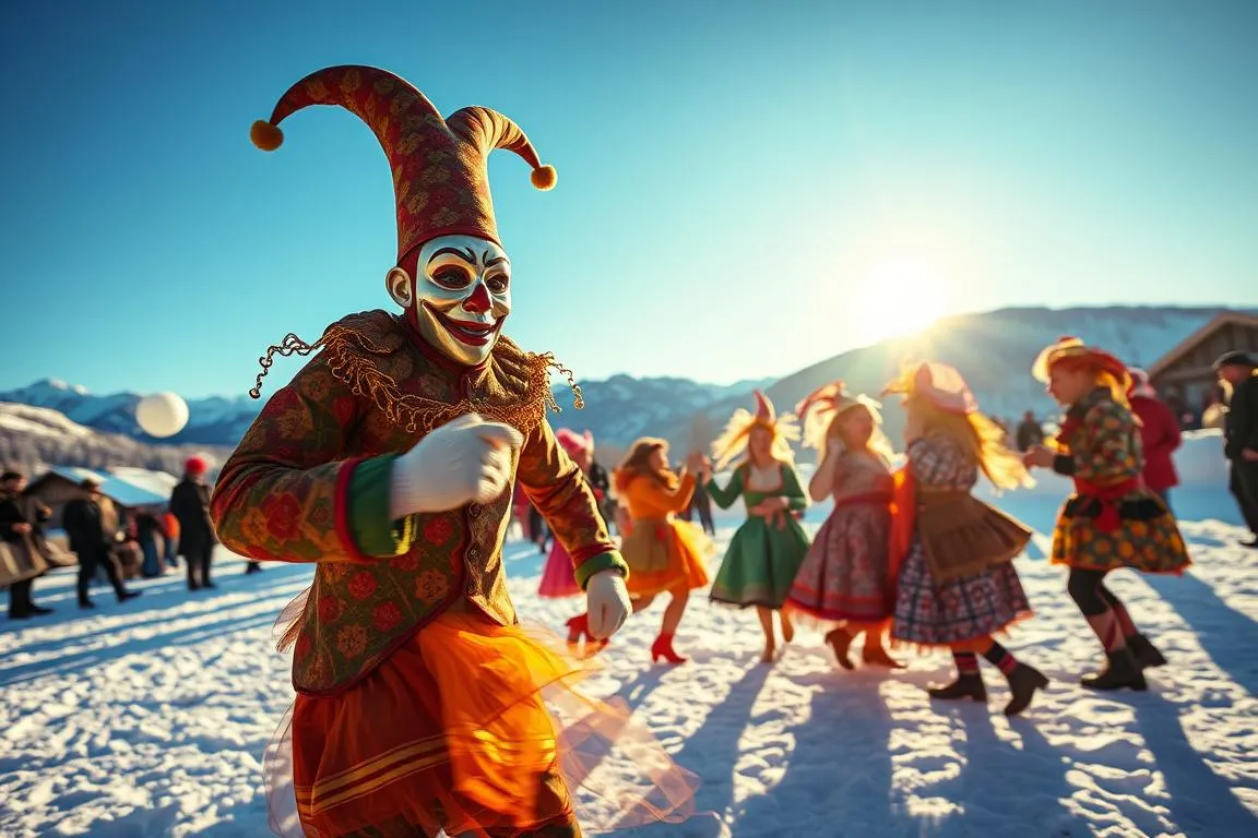 A group of colorful and intricately costumed “Narren” (traditional carnival fools) stand in a festive winter landscape, illuminated by warm golden light. In the foreground, a tall, masked figure with an exaggerated jester’s hat and vibrant patterned clothing strikes a dynamic pose, their movements captured in a blur. In the middle ground, a cluster of other “Narren” dance and cavort, their masks and outfits a dazzling display of creativity and tradition. The background is a snowy alpine scene, with distant mountains and a clear blue sky overhead, evoking the distinct regional character of the Allgäu Fasnat carnival celebrations.