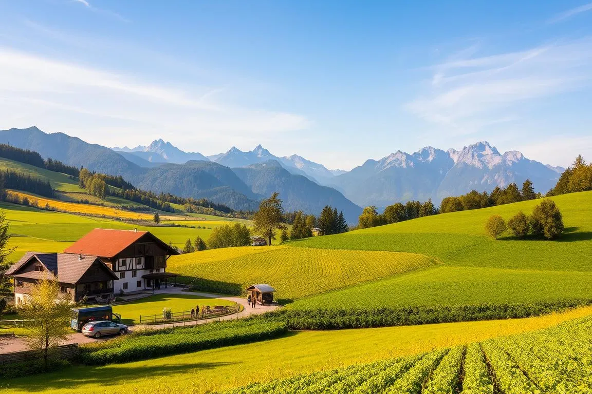 A lush, rolling landscape of the Allgäu region, showcasing the vibrant colors and diverse ecosystems of organic farming. In the foreground, a picturesque family-owned farm with traditional timber-framed buildings, surrounded by verdant pastures and neatly tended fields of organic produce. In the middle ground, a group of local farmers tending to their crops, using sustainable farming techniques that preserve the land’s natural balance. In the background, the majestic peaks of the Allgäu Alps serve as a breathtaking backdrop, highlighting the region’s stunning natural beauty. The scene is bathed in warm, golden sunlight, casting a serene and tranquil atmosphere that exemplifies the harmony between nature and human stewardship.