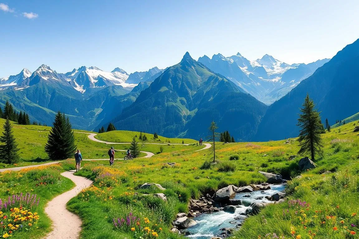 A lush, verdant alpine landscape in the Allgäu region of southern Germany. Majestic peaks of the Bavarian Alps rise in the…