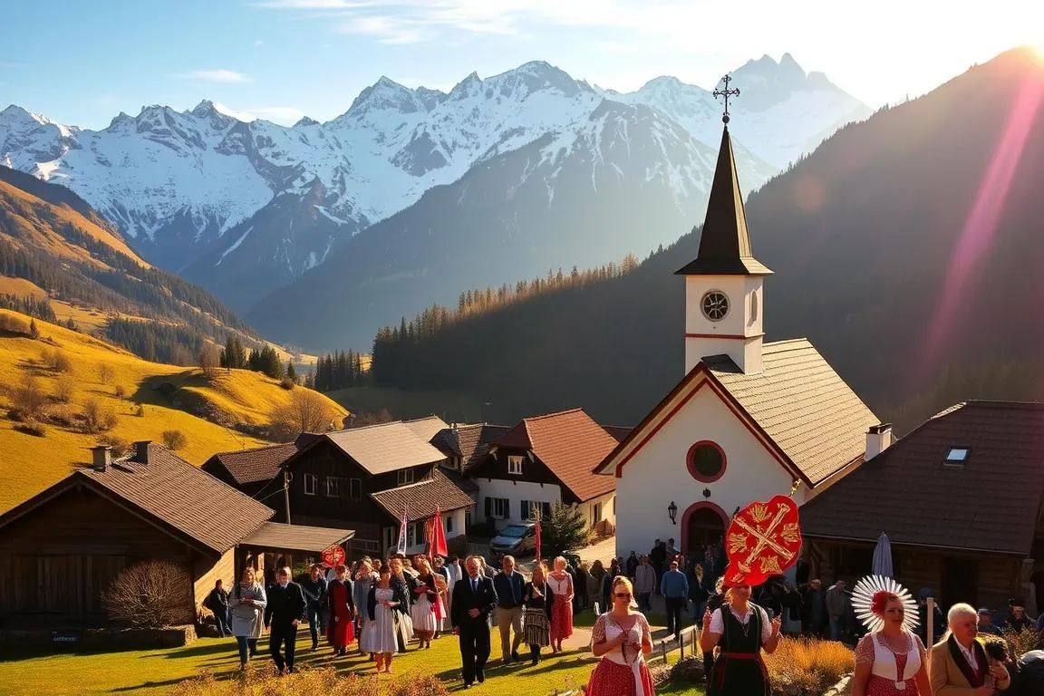 A majestic alpine landscape in the Allgäu region, with a traditional Bergmesse (mountain mass) taking place in a picturesque village nestled between rolling hills and towering peaks. The scene is bathed in warm, golden light, casting a reverent, serene atmosphere over the quaint church and its surrounding buildings. In the foreground, a procession of locals in traditional Bavarian dress makes its way towards the chapel, carrying ornate religious flags and symbols. The middle ground features the charming village, its tiled roofs and wooden structures blending seamlessly with the natural surroundings. In the distance, snow-capped mountains rise majestically, their imposing silhouettes framing the peaceful tableau. Overall, the image conveys the timeless, cherished tradition of Bergmessen in the Allgäu, a celebration of faith, community, and the awe-inspiring beauty of the alpine landscape.