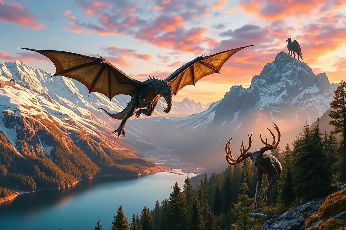 A majestic, snow-capped mountain landscape in the Allgäu region, with mythical creatures emerging from the rugged terrain. In the foreground, a mighty, winged dragon soars above a tranquil alpine lake, its scales shimmering in the warm, golden sunlight. In the middle ground, a group of enigmatic, humanoid figures with antler-like horns and mossy, bark-like skin peer out from a dense, enchanted forest. In the distance, a towering, winged figure with a stately, regal presence surveys the scene from atop a craggy peak, its form silhouetted against a vibrant, dusky sky. The entire image conveys a sense of ancient, primal magic and the timeless wonder of the Allgäu’s mythical landscapes.