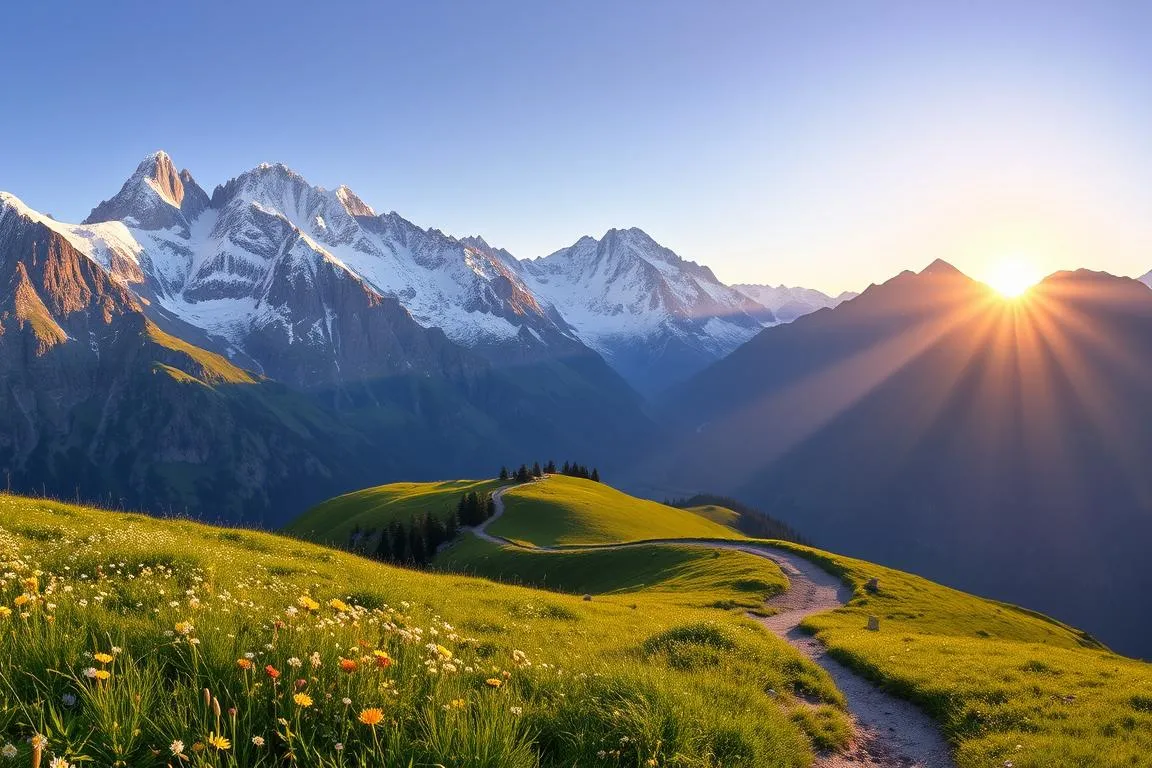 A panoramic view of the majestic Alps, their snow-capped peaks reaching towards the heavens. In the foreground, a lush green meadow dotted with wildflowers sways gently in the breeze. In the middle ground, a winding hiking trail leads up towards the towering mountains, inviting the viewer to embark on an adventurous journey. The background is dominated by the imposing silhouettes of the Alps, their rugged slopes bathed in warm, golden light as the sun dips below the horizon, casting a serene, almost ethereal glow over the entire scene. The image conveys a sense of tranquility, adventure, and the awe-inspiring beauty of the natural world.