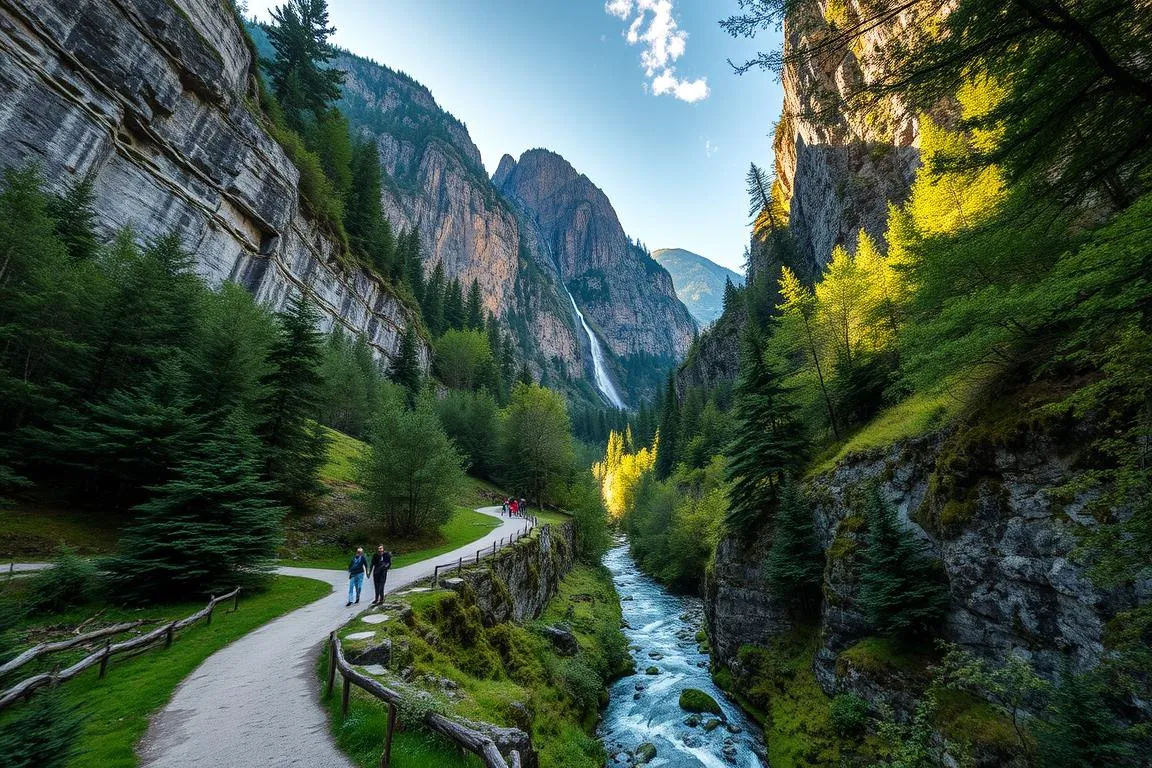 A picturesque gorge nestled in the Bavarian Alps, Hölltobel-Klamm features towering rock walls, cascading waterfalls, and a winding trail leading hikers through a lush, verdant landscape. Capture the rugged beauty of this natural wonder, with sunlight filtering through the trees and casting a warm glow over the dramatic cliffs. Compose the scene from a low angle, drawing the viewer’s eye upwards towards the towering rock formations. Include the meandering stream cutting through the valley, its crystal-clear waters reflecting the surrounding scenery. Convey a sense of serene tranquility, inviting the viewer to immerse themselves in the untamed splendor of this picturesque Bavarian trail.