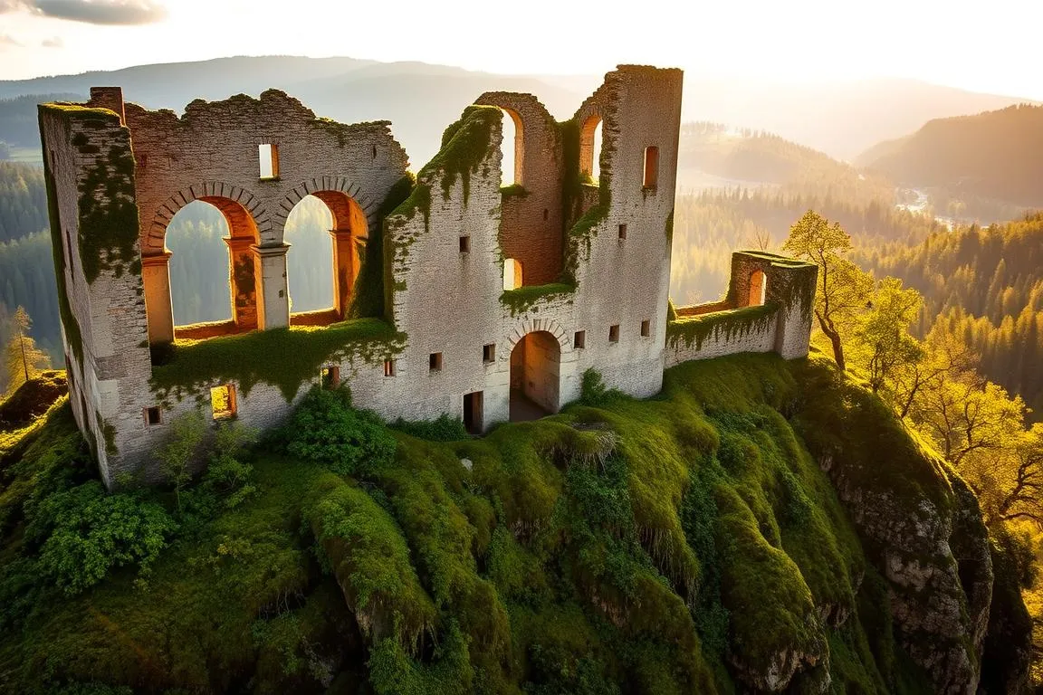 A picturesque medieval castle ruin perched atop a verdant hillside, the Highlights Burgruine Kalden stands in serene splendor. Sunlight filters through the crumbling stone arches, casting warm, golden hues across the weathered walls. Lush, mossy foliage cascades down the cliffs, framing the castle’s silhouette against a backdrop of rolling, forested hills. The scene exudes a sense of timeless tranquility, inviting visitors to step back in time and immerse themselves in the historic charm of this captivating relic. Capture the essence of this captivating landmark through a detailed, wide-angle composition that showcases its breathtaking natural setting and enduring architectural beauty.