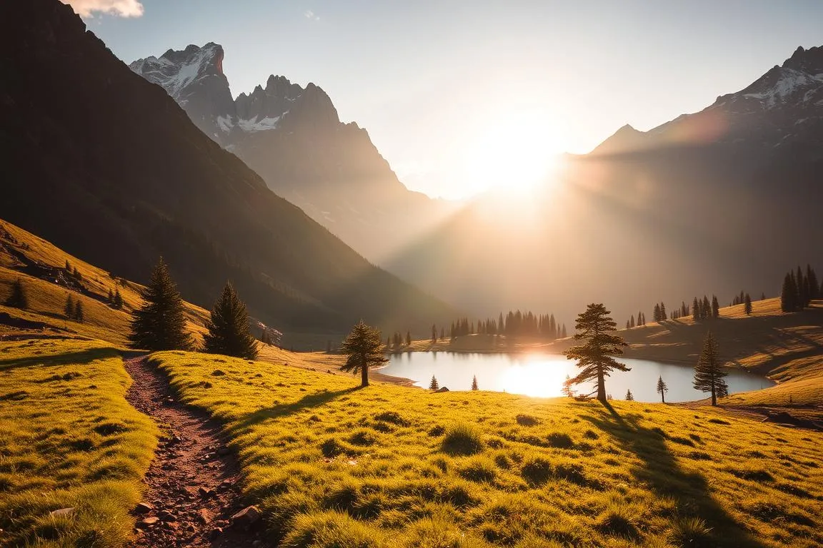 A picturesque mountain trailhead nestled in a lush alpine meadow, bathed in soft golden light as the sun crests the distant peaks. In the foreground, a well-marked path winds invitingly through the verdant grass, beckoning hikers to embark on their journey. Towering, snow-capped mountains rise majestically in the background, their jagged silhouettes mirrored in a pristine mountain lake. Scattered pine trees dot the landscape, casting long shadows across the scene. The air is crisp and invigorating, capturing the essence of an idyllic starting point for a memorable hiking adventure.