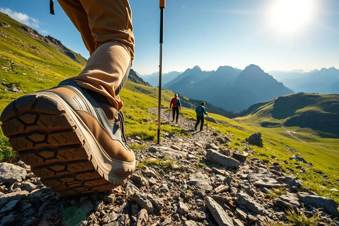 A rugged mountain trail winds through lush alpine meadows, leading to the iconic Gaisalpe. In the foreground, a hiker’s sturdy boots grip the uneven terrain, demonstrating the importance of Trittsicherheit, or surefooted stability, on this challenging trek. The middle ground reveals hikers carefully navigating rocky sections, their trekking poles providing balance and support. Overhead, the sun casts a warm, golden glow, illuminating the breathtaking landscape of towering peaks and verdant slopes. The scene conveys the necessary equipment and caution required for a safe and enjoyable journey to the Gaisalpe.