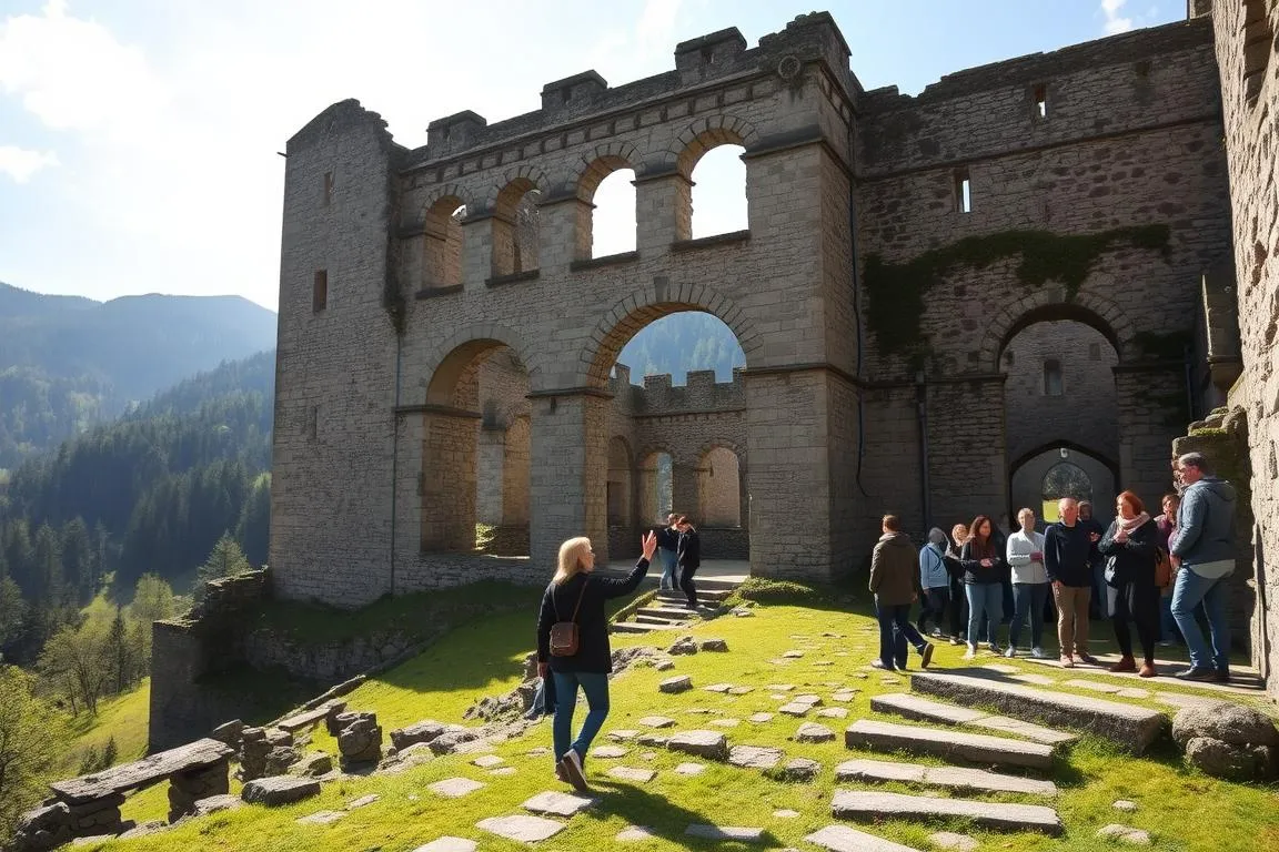 A sprawling medieval castle ruin set against a picturesque mountainous landscape. The weathered stone walls of the Burgruine Alt-Trauchburg stand tall, their ancient architecture casting long shadows across the verdant forest floor. Sunlight filters through the crumbling archways, illuminating the moss-covered ruins and inviting visitors to explore the site’s storied past. In the foreground, a guided tour group carefully navigates the uneven terrain, their tour guide gesturing animatedly as they uncover the secrets of this historic landmark. The atmosphere is one of reverence and discovery, with a sense of the castle’s former grandeur palpable in every crumbling brick. A wide-angle lens captures the scale and majesty of the Burgruine Alt-Trauchburg, inviting the viewer to step back in time and experience the thrill of an authentic castle ruin tour.