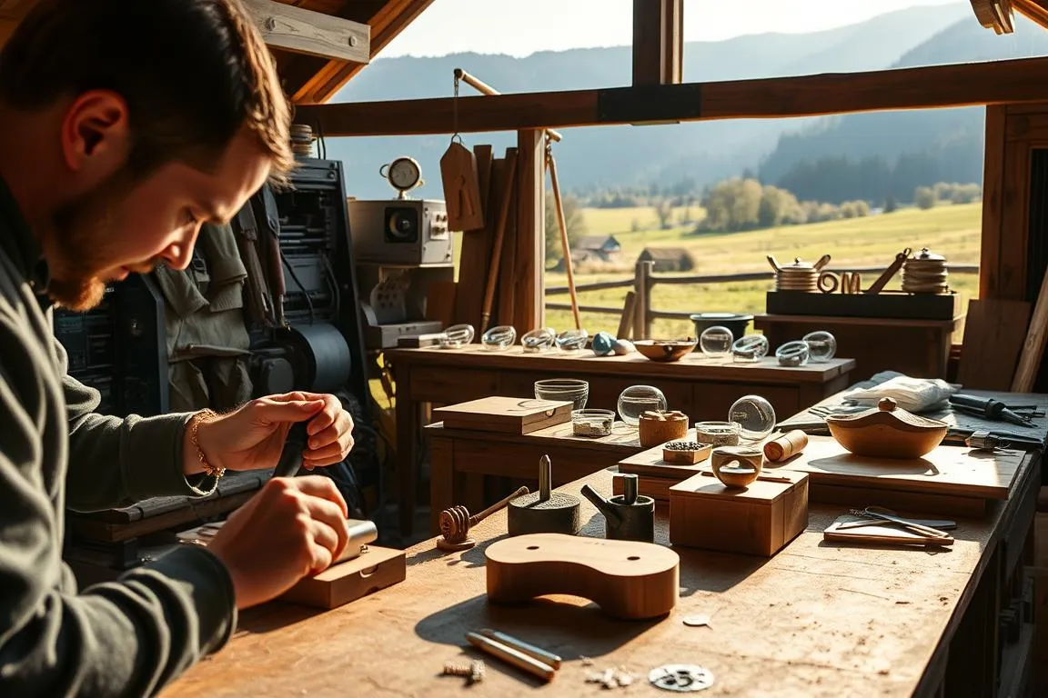 A traditional Allgäu workshop with a modern twist. In the foreground, a skilled artisan works on a cutting-edge, precision-engineered product, their hands deftly guiding the latest tools. The middle ground showcases a range of innovative handcrafted items, blending timeless techniques with contemporary design. In the background, a serene Allgäu landscape provides a natural backdrop, hinting at the region’s enduring heritage. Warm, natural lighting illuminates the scene, casting a soft glow and highlighting the juxtaposition of old and new. The overall atmosphere conveys a harmonious fusion of Allgäu craftsmanship and visionary thinking, a testament to the region’s ability to preserve tradition while embracing the future.