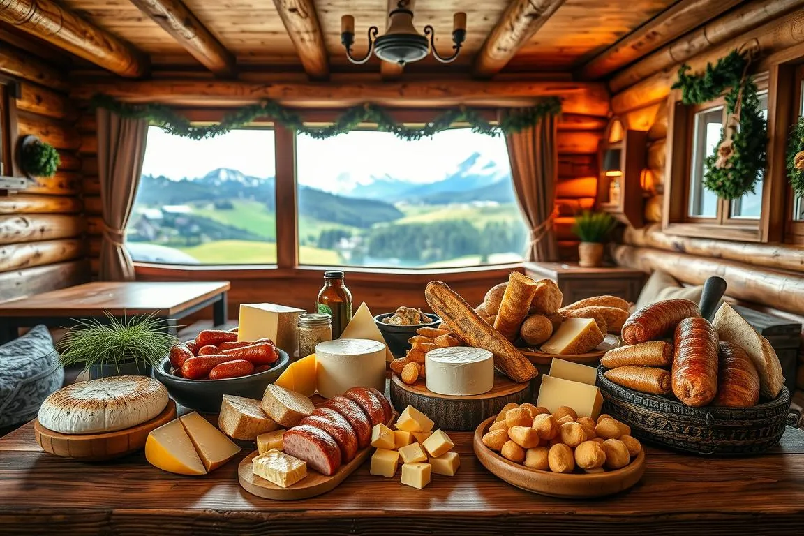 A traditional alpine setting in the heart of the Allgäu region, showcasing an array of local specialties. In the foreground, a rustic wooden table laden with a variety of Allgäu delicacies - fragrant cheeses, hearty sausages, crusty breads, and rich, creamy butter. Surrounding the table, cozy wooden benches and traditional Bavarian decor, with warm lighting casting a golden glow. In the middle ground, a glimpse of rolling green hills and snow-capped peaks beyond the cabin windows, hinting at the picturesque Allgäu landscape. The scene exudes a sense of tradition, comfort, and the joy of indulging in the region’s finest culinary offerings.