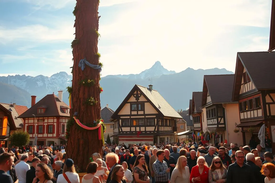 A vibrant scene of a traditional Maibaumaufstellen celebration in the Allgäu region. In the foreground, a towering, ornately decorated Maibaum stands proudly, its intricate carvings and colorful ribbons glistening in the warm, golden sunlight. Surrounding the Maibaum, a crowd of locals gathers, their festive attire and joyful expressions capturing the spirit of the occasion. In the middle ground, quaint half-timbered houses and charming cobblestone streets provide a picturesque backdrop, while in the distance, the majestic peaks of the Allgäu Alps rise majestically, framing the scene. The overall atmosphere is one of community, tradition, and the vibrant celebration of spring.