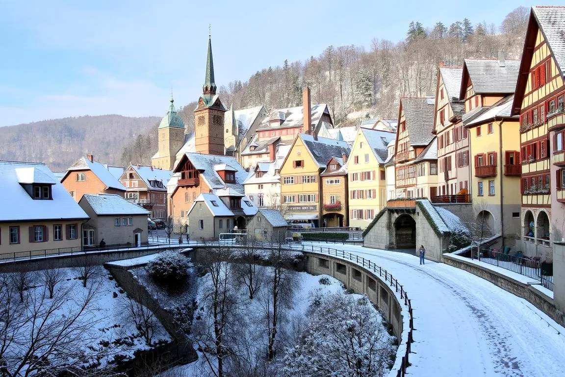 Ein Bild der Altstadt von Füssen im Winter, mit Schnee bedeckt.