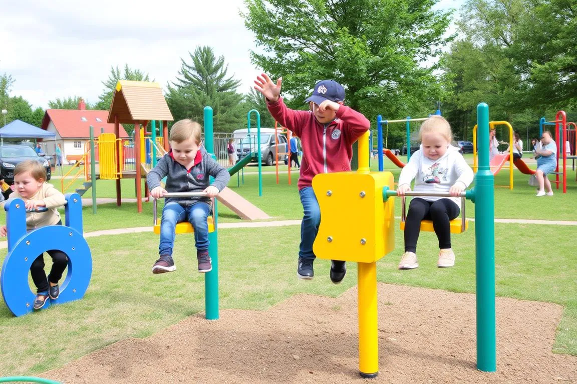 Ein Bild von Kindern, die sich im Allgäulino auf verschiedenen Spielgeräten vergnügen.