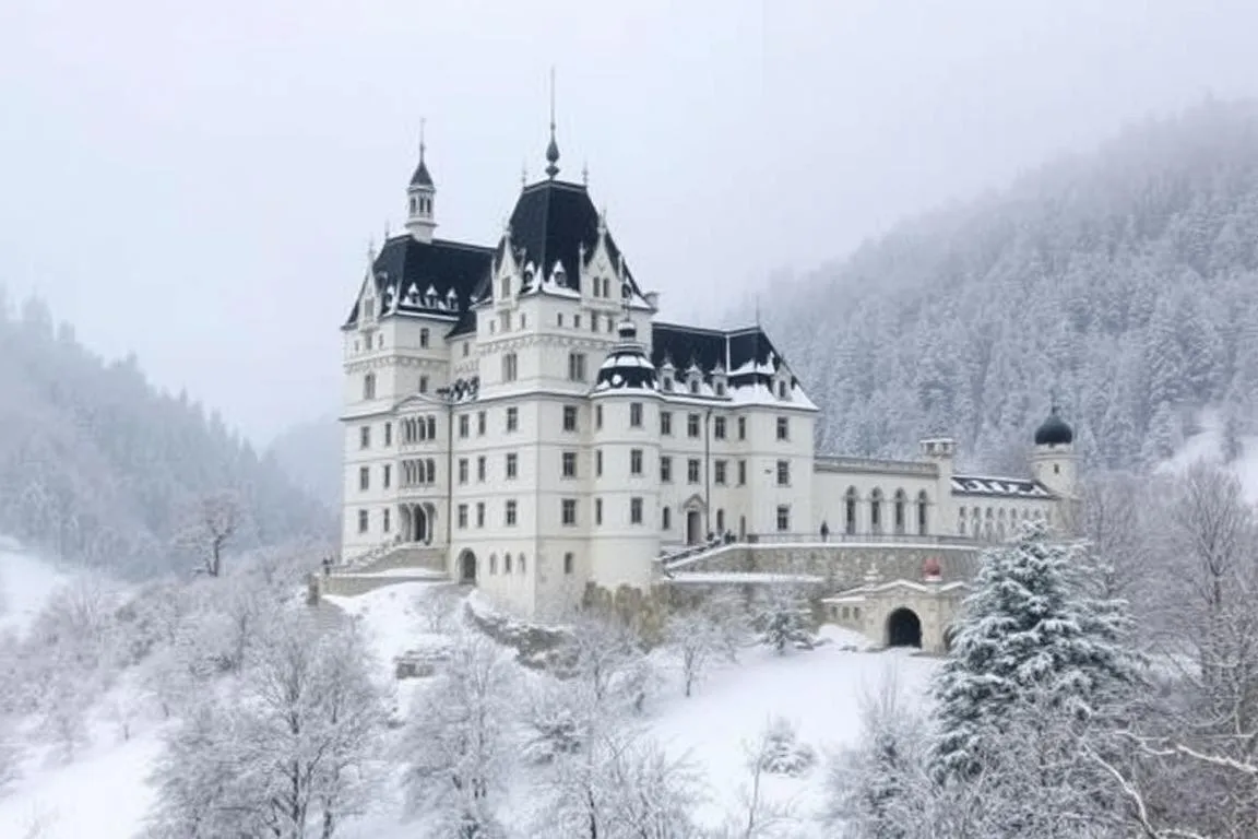 Ein Bild von Schloss Hohenschwangau im Winter, mit Schnee bedeckt.