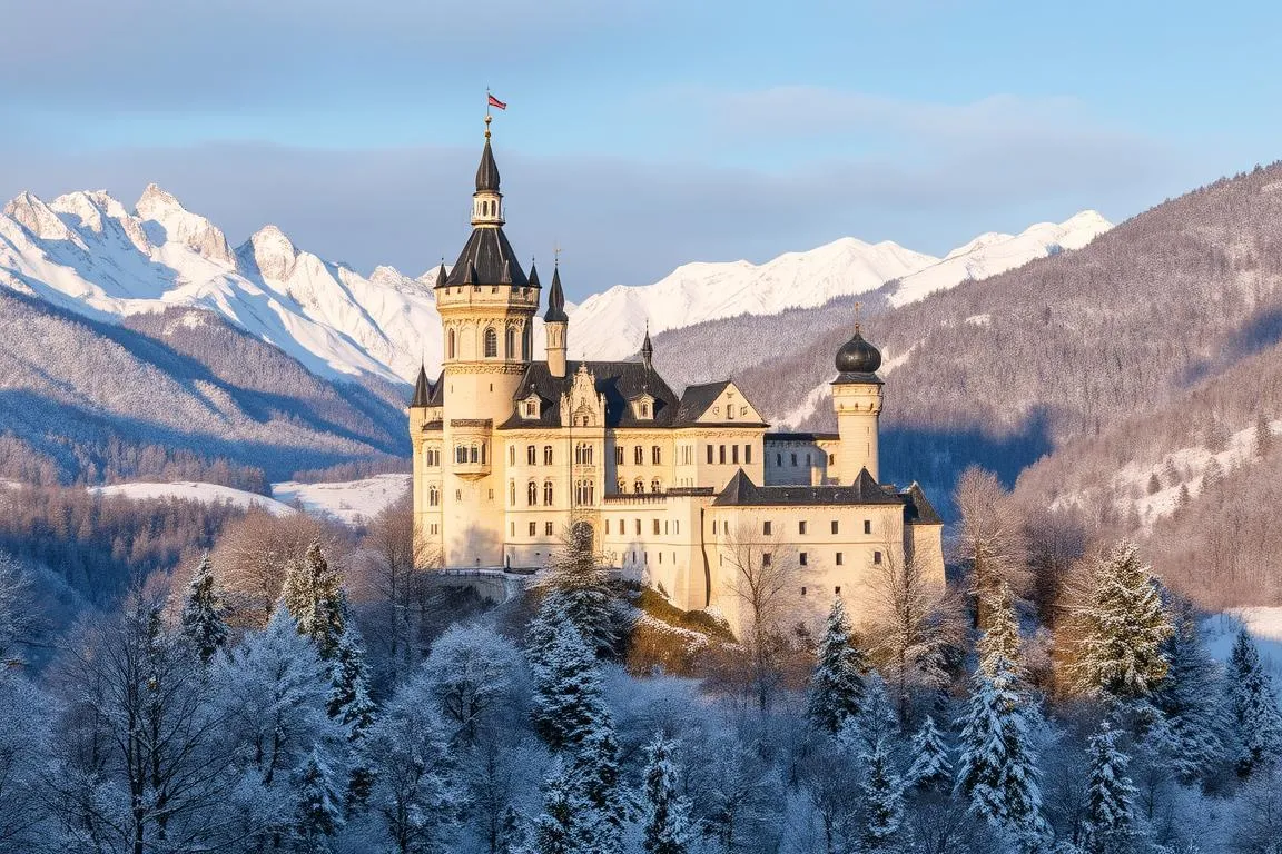 Ein Bild von Schloss Neuschwanstein im Winter, umgeben von schneebedeckten Bergen.