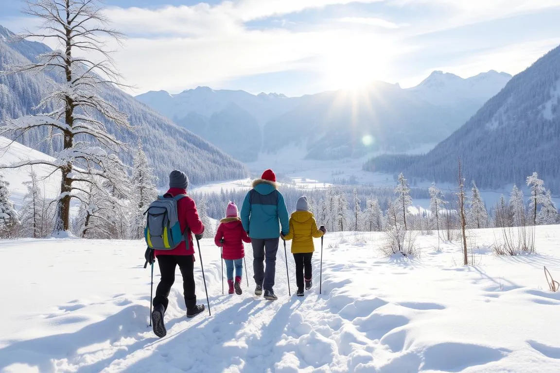 Eine Familie bei einer Winterwanderung durch die verschneite Landschaft des Allgäus.