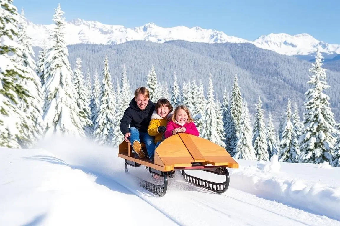 Eine Familie rast mit einem Rodel auf der Alpsee Coaster-Bahn durch die winterliche Landschaft.