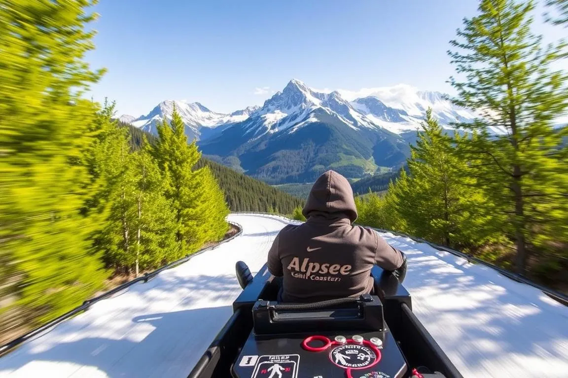 Generiere ein Bild von einer Person, die auf dem Alpsee Coaster rodelnd durch eine malerische Berglandschaft fährt.