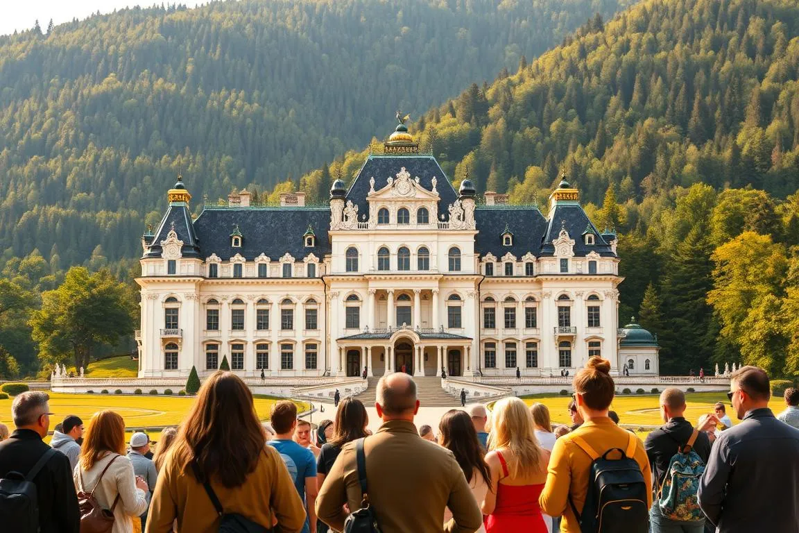 Schloss Linderhof Tickets: A Regal Encounter A grand, ornate palace set against a backdrop of lush, verdant hills. The façade of Schloss Linderhof, a masterpiece of 19th-century Bavarian architecture, commands attention, its intricate carvings and gleaming white marble radiating an aura of enchantment. In the foreground, a group of visitors stand in awe, holding their tickets, eager to step into the realm of King Ludwig II’s fabled dreams. The scene is bathed in warm, golden light, creating a sense of timelessness and wonder, as if the castle itself has emerged from the pages of a fairy tale.