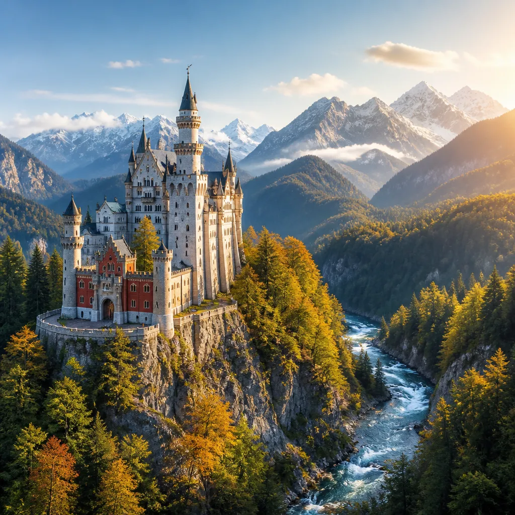 Schloss auf einem Felsvorsprung im Allgäu mit Bergpanorama und Schlucht im Vordergrund