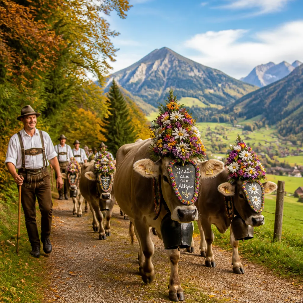 Geschmückte Kühe beim Viehscheid im Allgäu ziehen von der Alpe ins Tal