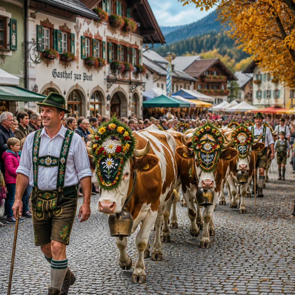 Kühe mit Blumenschmuck ziehen beim Viehscheid durch die Innenstadt von Immenstadt