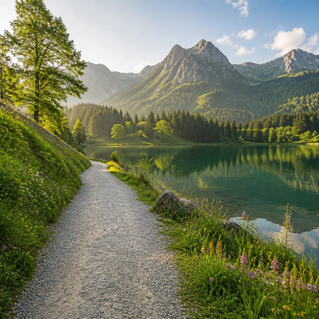 Breiter Wanderweg am Alpsee im Allgäu mit Bergpanorama im Hintergrund