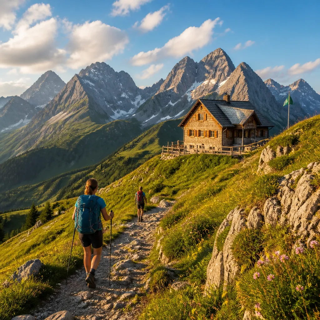 Wanderweg zu einer Berghütte im Allgäu mit Blick auf die Allgäuer Hochalpen