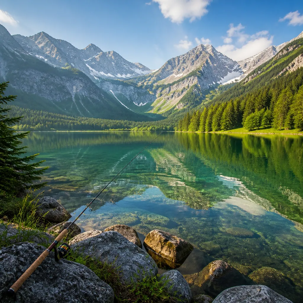Ruhiger Bergsee im Allgäu mit Angelrute am Ufer und Alpenpanorama im Hintergrund