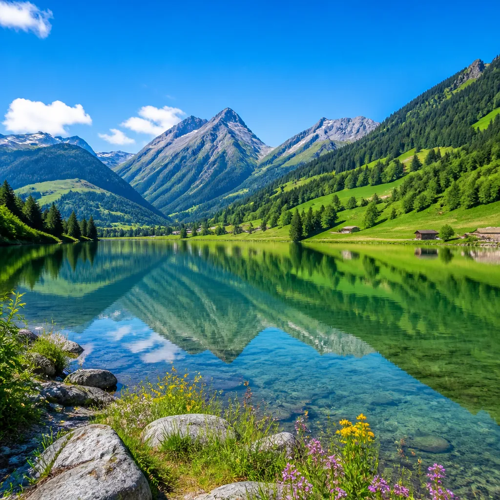 Klarer Bergsee im Allgäu mit umliegenden grünen Hügeln und Bergen im Hintergrund